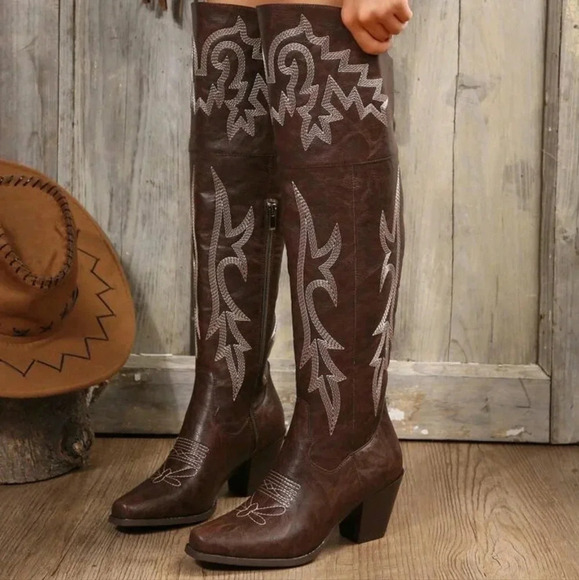 Women's Fashionable Embroidery Detail Outdoor Riding Boots, Western Style, Autum - Picture 3 of 8